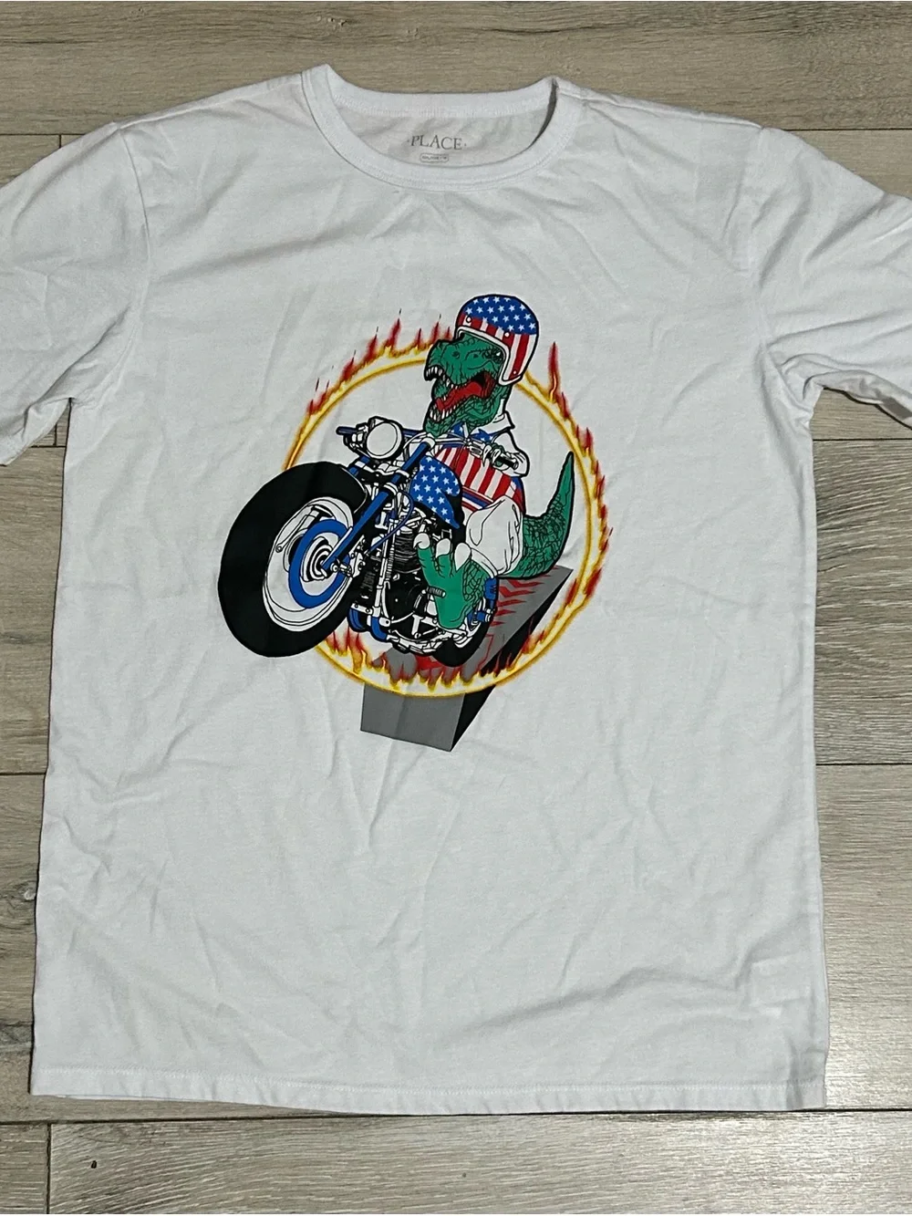 The Children's Place White Tee with Patriotic Motorcycle Dino Graphic